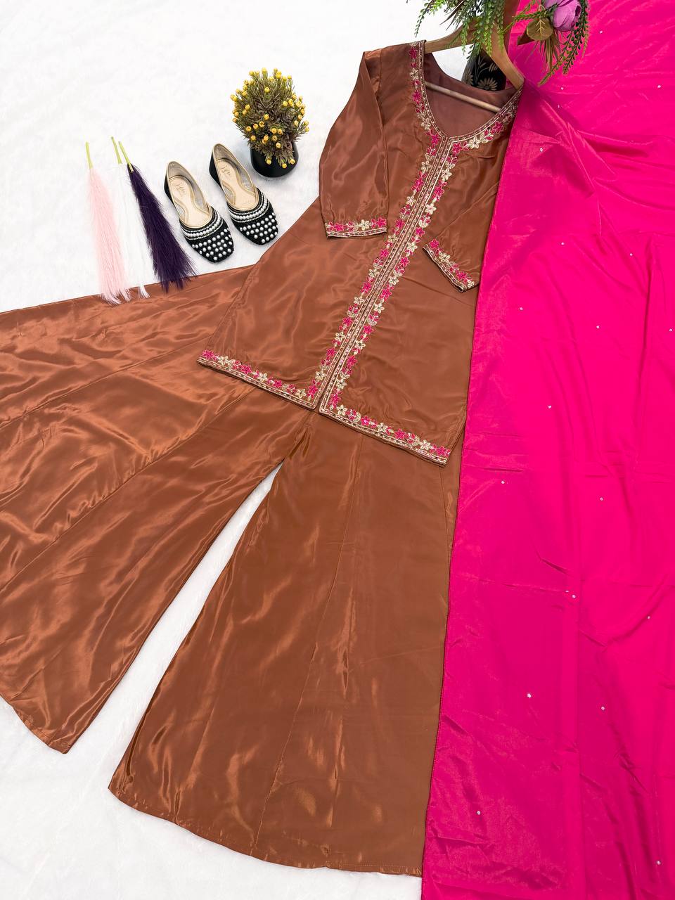 Luxe Brown Zari-Embroidered Flared Set